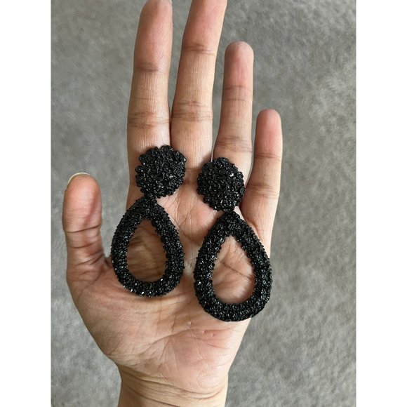 Big Black Earring teardrop metal statement bold chunky Pierced Pageant textured - Picture 6 of 8